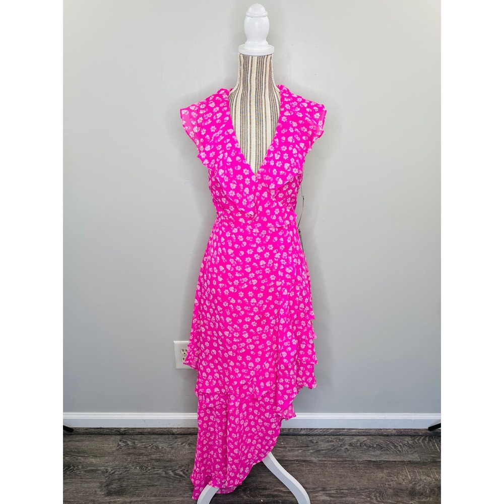 Lulu's Cornelia Pink Floral Ruffle Wrap Dress Women Sm Barbiecore Brunch Femme